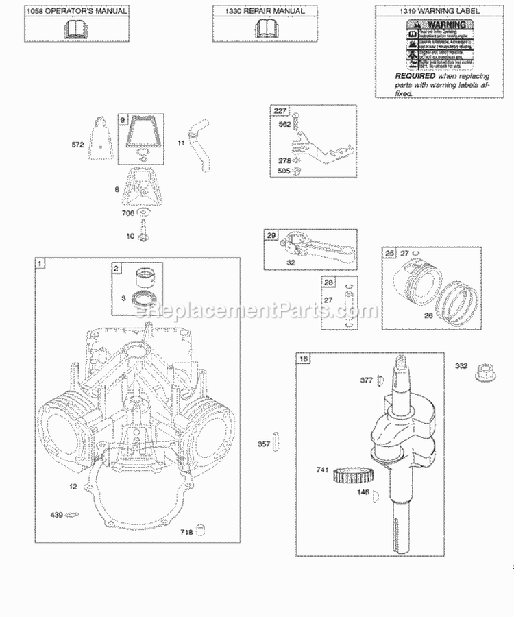 Cylinder Crankshaft PistonRingsConnecting Rod Diagram and Parts List for 305777-0113-E1  Briggs and Stratton Engine